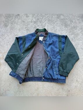 Vintage YUKON TRAIL Denim Varsity Style Jacket Blue Green Sz Large